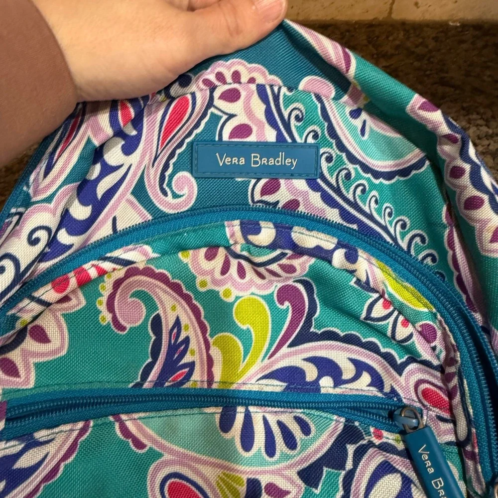 Vera Bradley Teal Purple Paisley Canvas Backpack‎ Front Zip Pocket Adjustable
